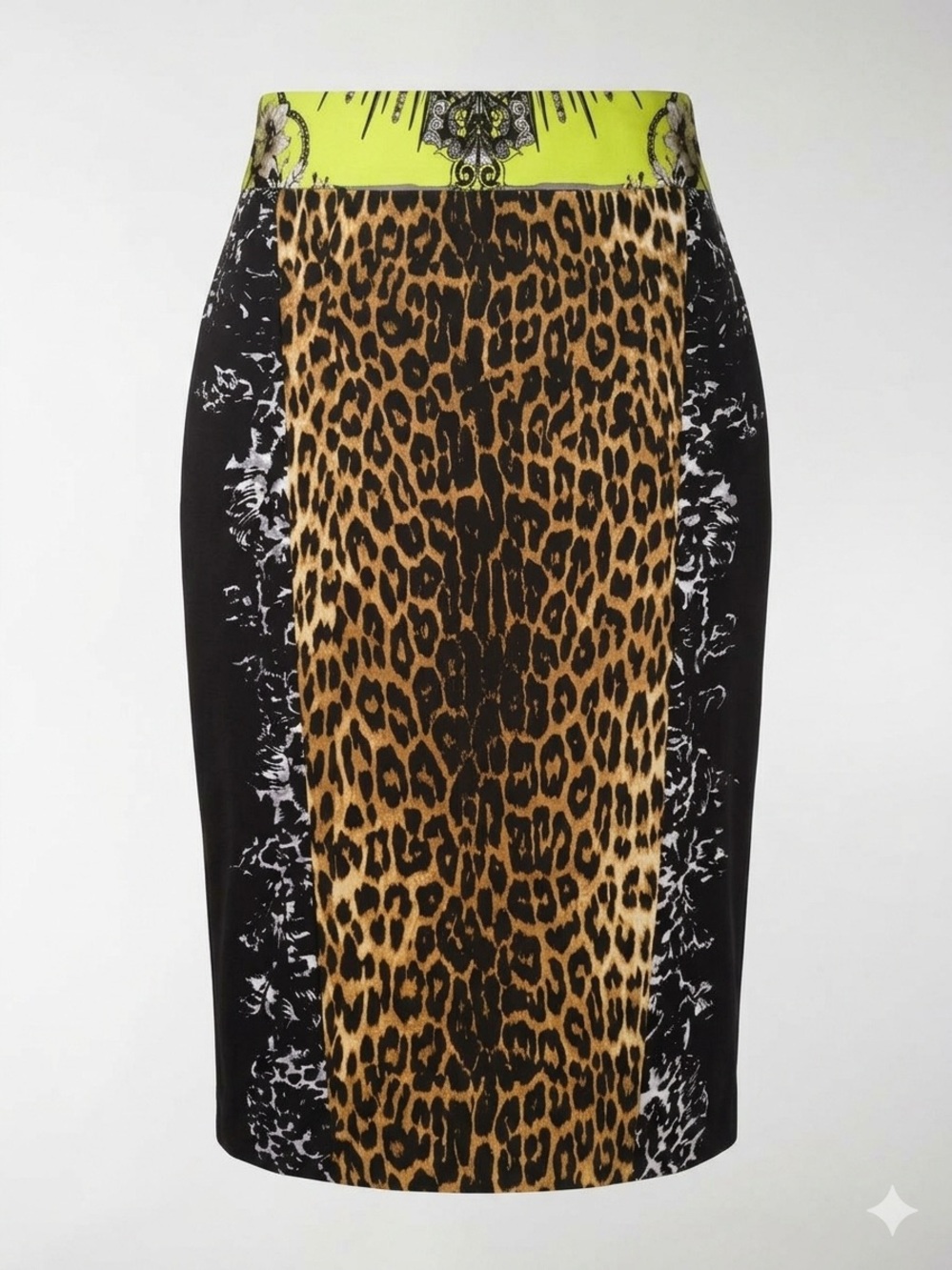 Elie Tahari Mixed Print Pencil Skirt - Leopard, Floral & Lime Accents - Size 12